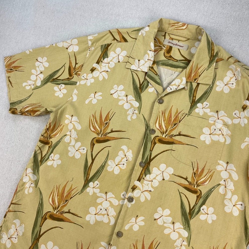 Tommy Bahama Loop Collar Aloha Shirt Mens L Sand Tan Bird of Paradise 100% Silk